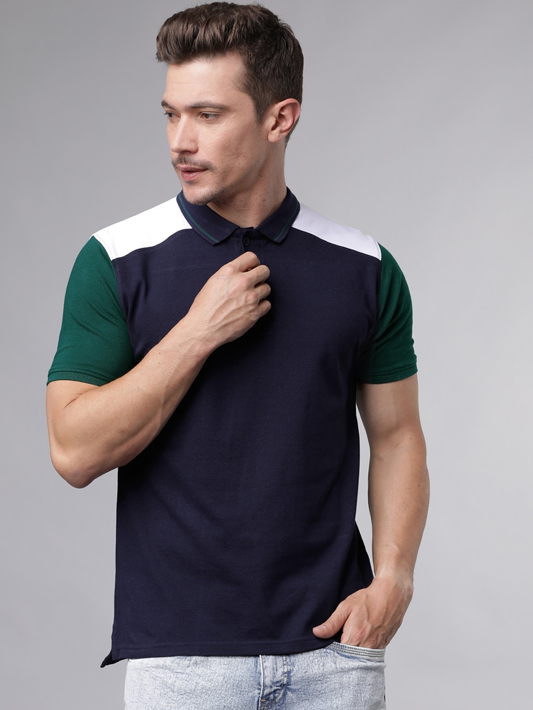 

LOCOMOTIVE Men Navy Blue & Green Colourblocked Polo Collar Slim Fit T-shirt
