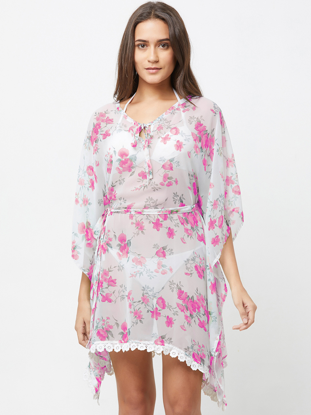 

MIRCHI FASHION Women White & Pink Printed Swimwear Kaftan Cover-Up Dress