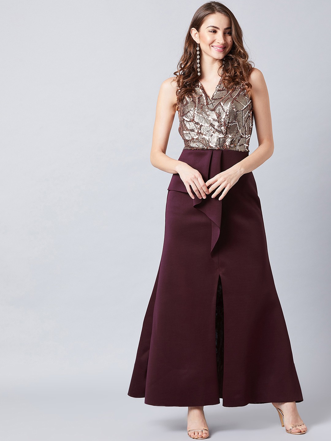 

Athena Burgundy Embellished Maxi Dress