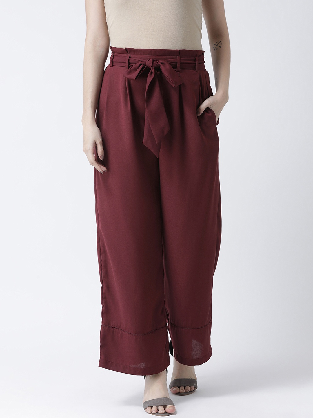 

KASSUALLY Women Burgundy Regular Fit Solid Parallel Trousers