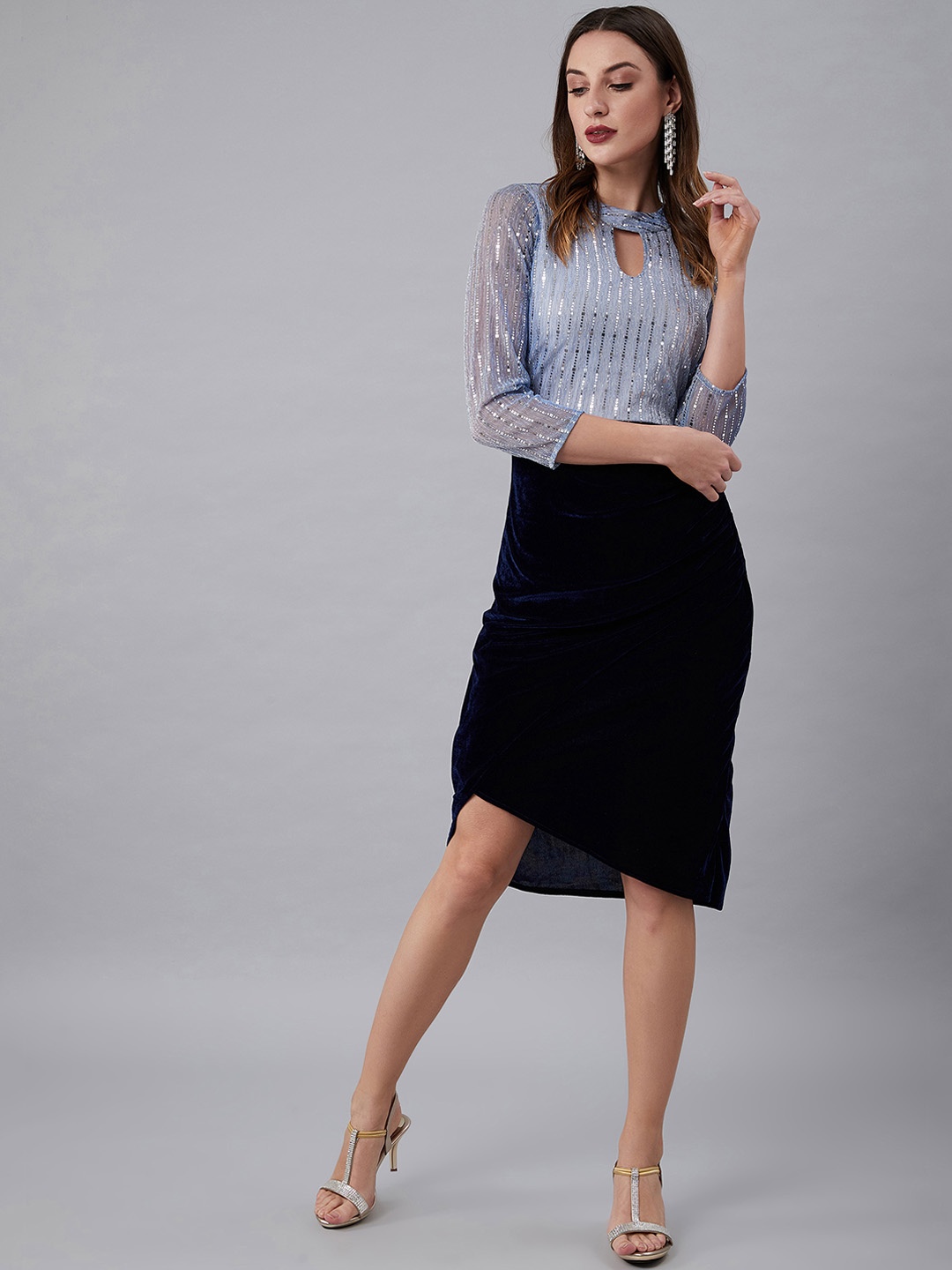 

Athena Women Blue & Black Colourblocked Sheath Dress with Embellished Detail