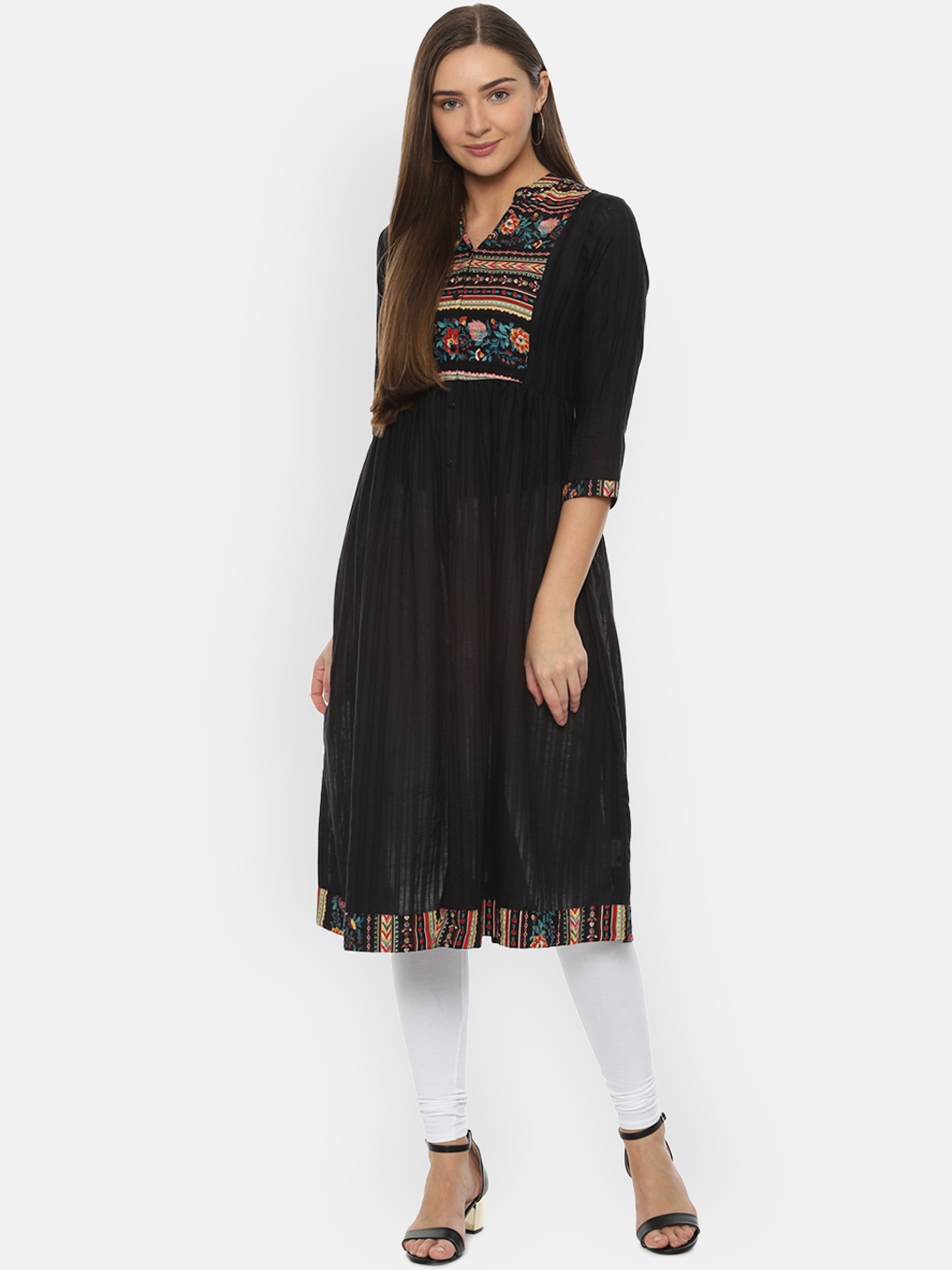 

People Women Black Embroidered A-Line Kurta