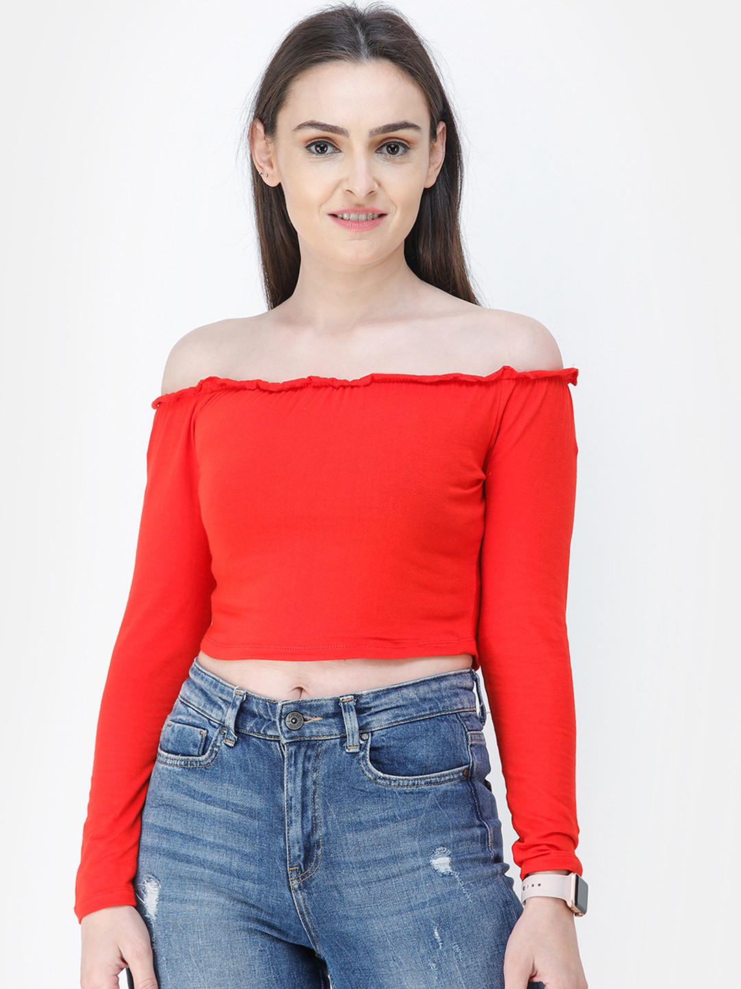 

Cation Women Red Solid Bardot Pure Cotton Top