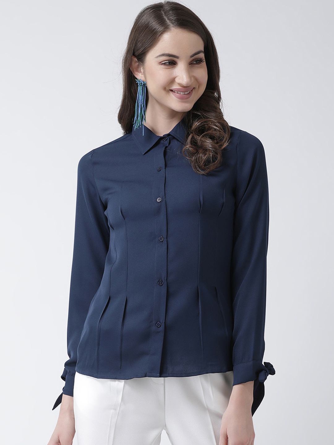 KASSUALLY Women Navy Blue Regular Fit Solid Casual Shirt