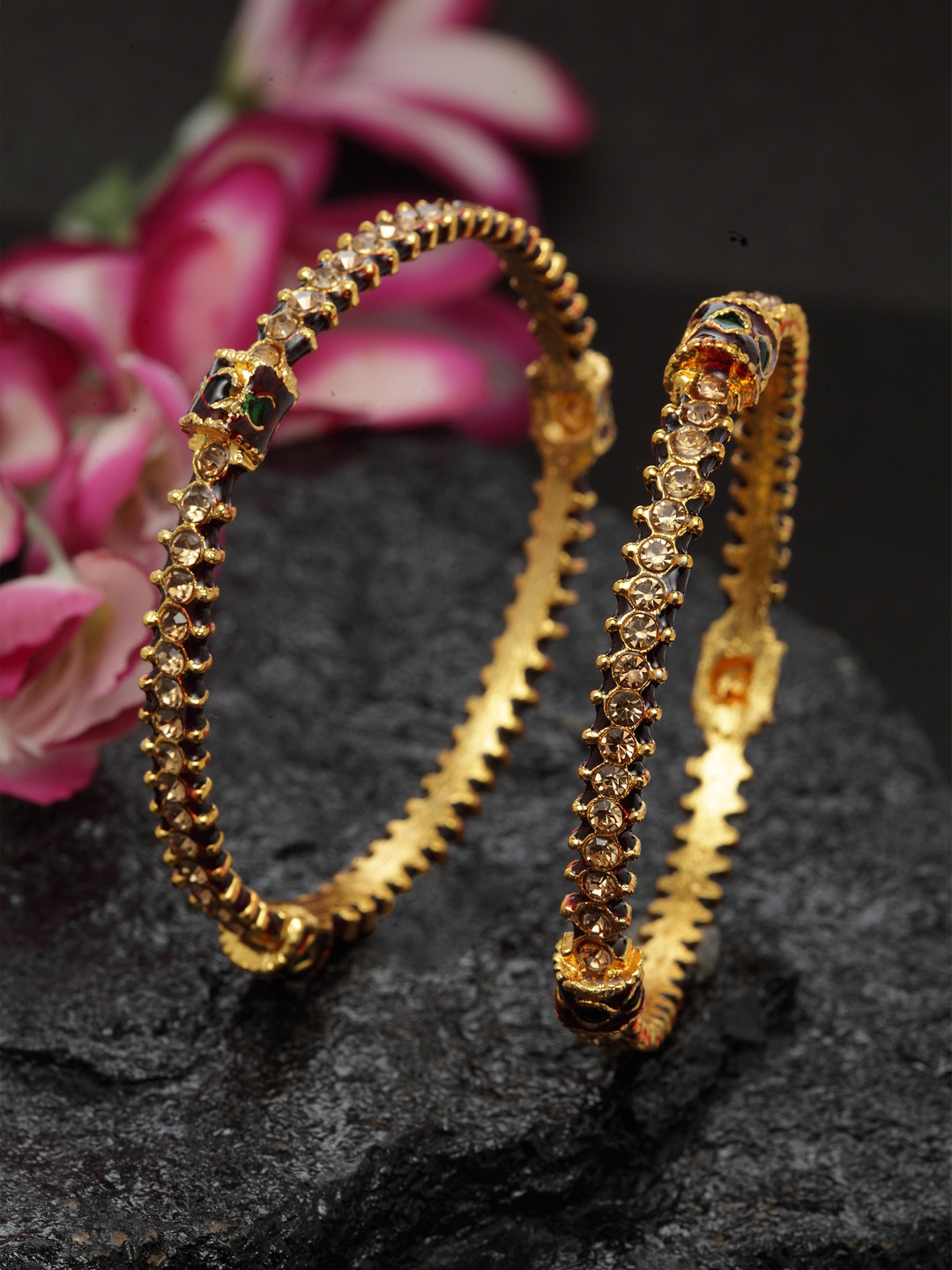 

DUGRISTYLE Set of 2 Gold-Plated Maroon & Green Stone Studded Traditional Meenakari Bangles