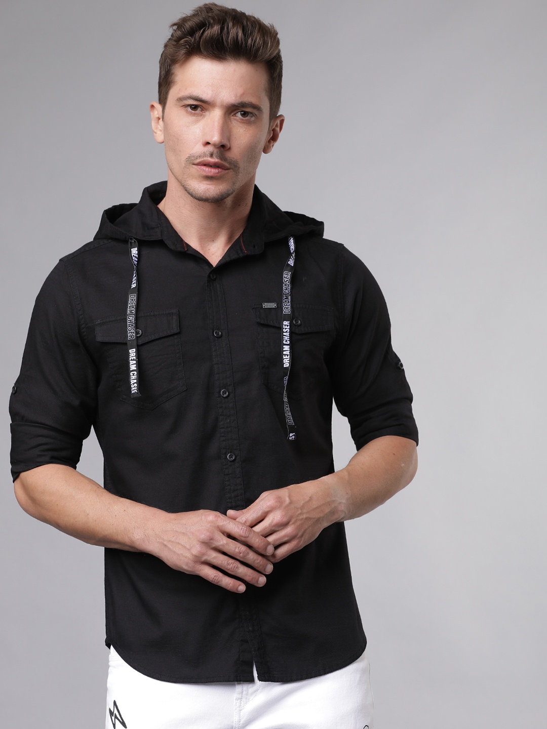 

LOCOMOTIVE Men Black Slim Fit Printed Casual Hooded Shirt