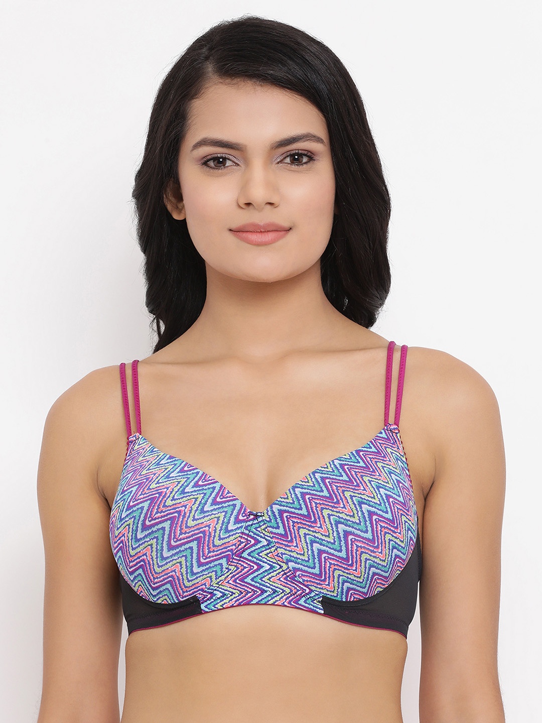 

Clovia Blue & Pink Printed Non-Wired Lightly Padded T-shirt Bra BR1737P1932B