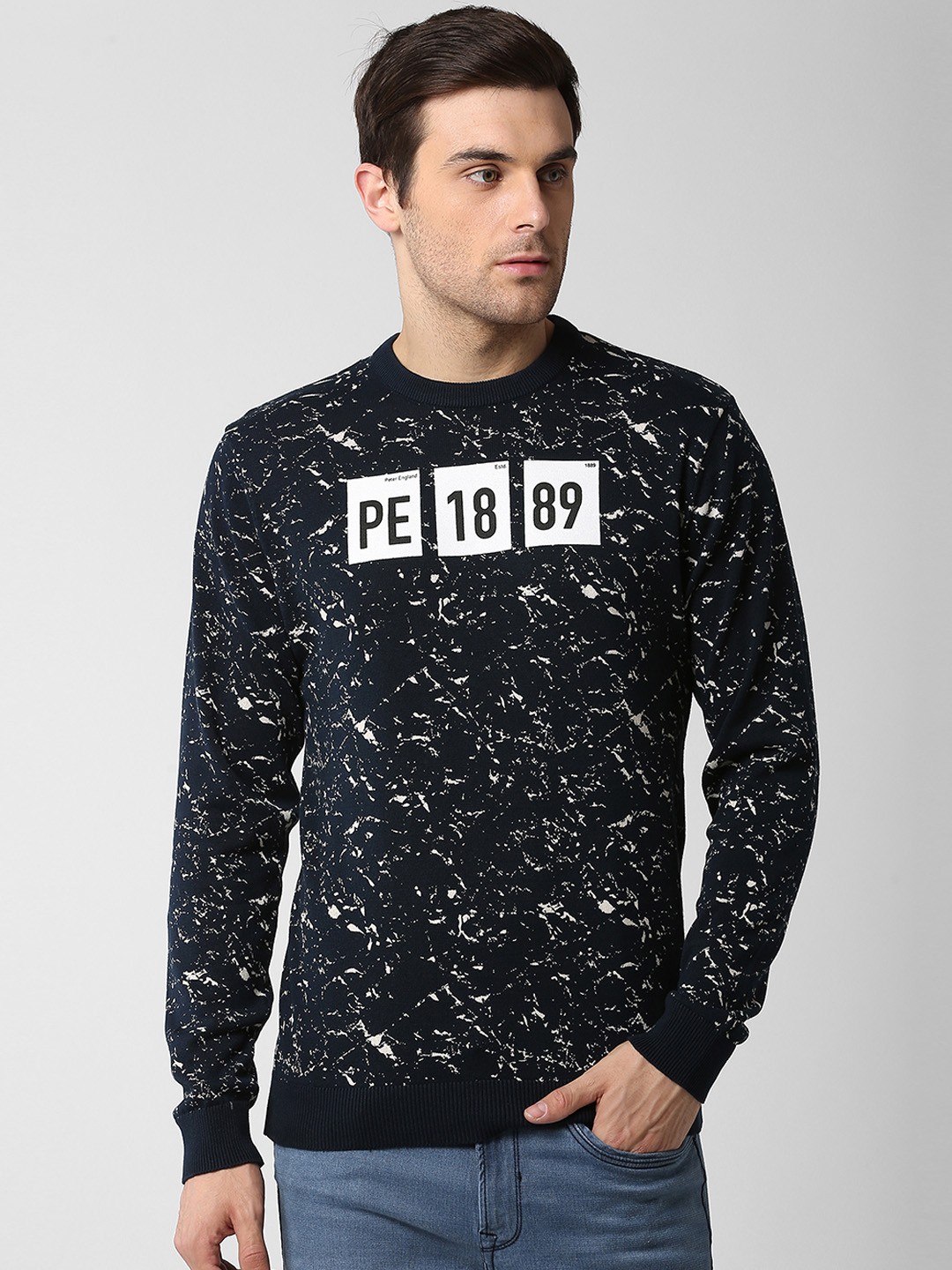 

Peter England Casuals Men Navy Blue & White Printed Pullover Sweater