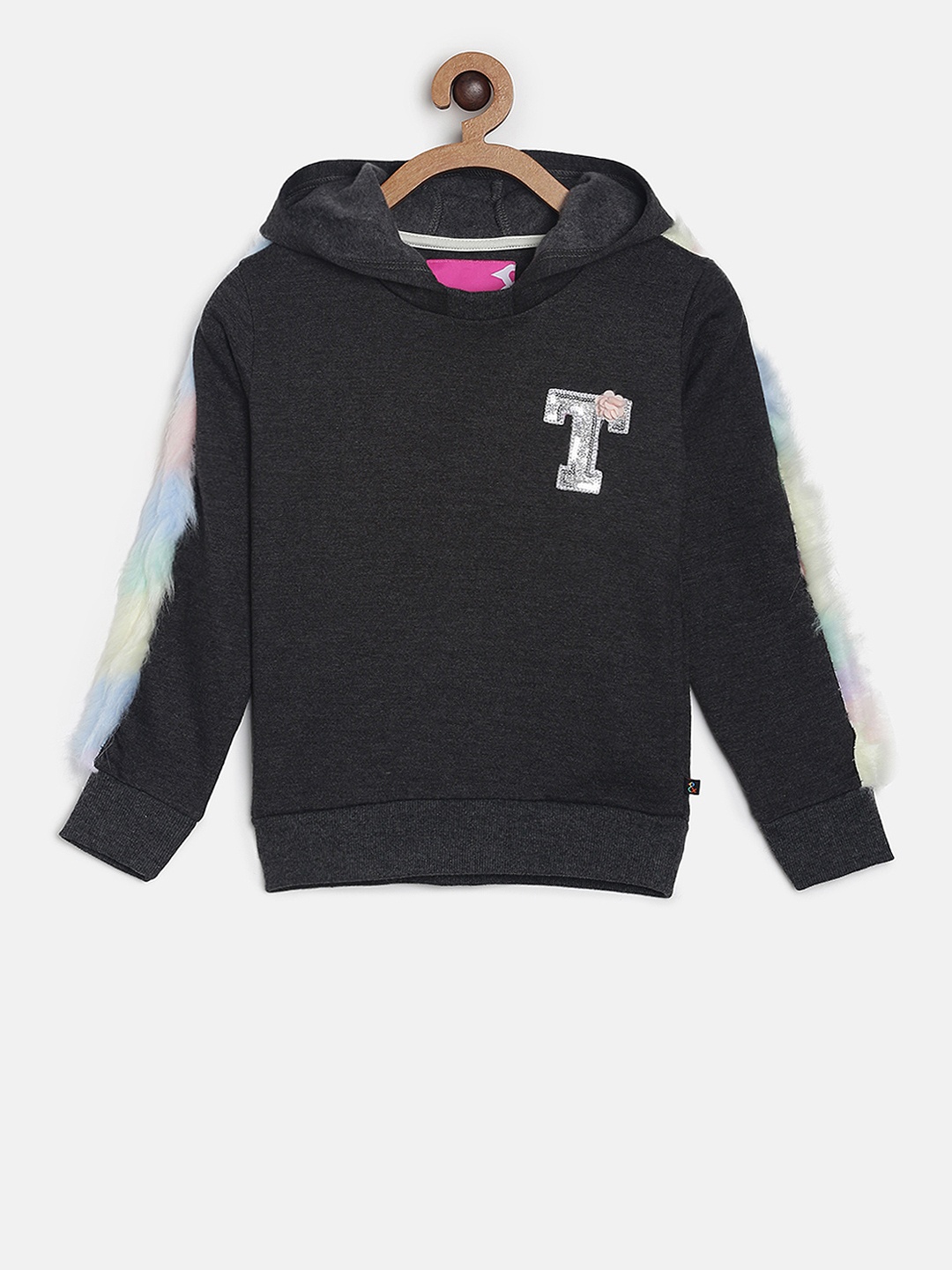 

TALES & STORIES Girls Charcoal Grey Solid Hooded Sweatshirt With Applique Detailing