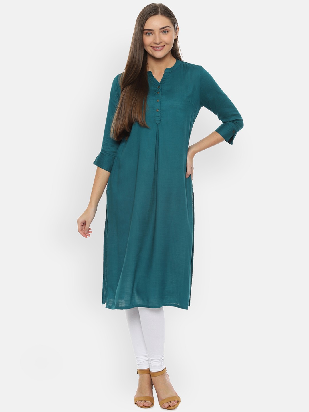 

People Women Green Solid Straight Kurta