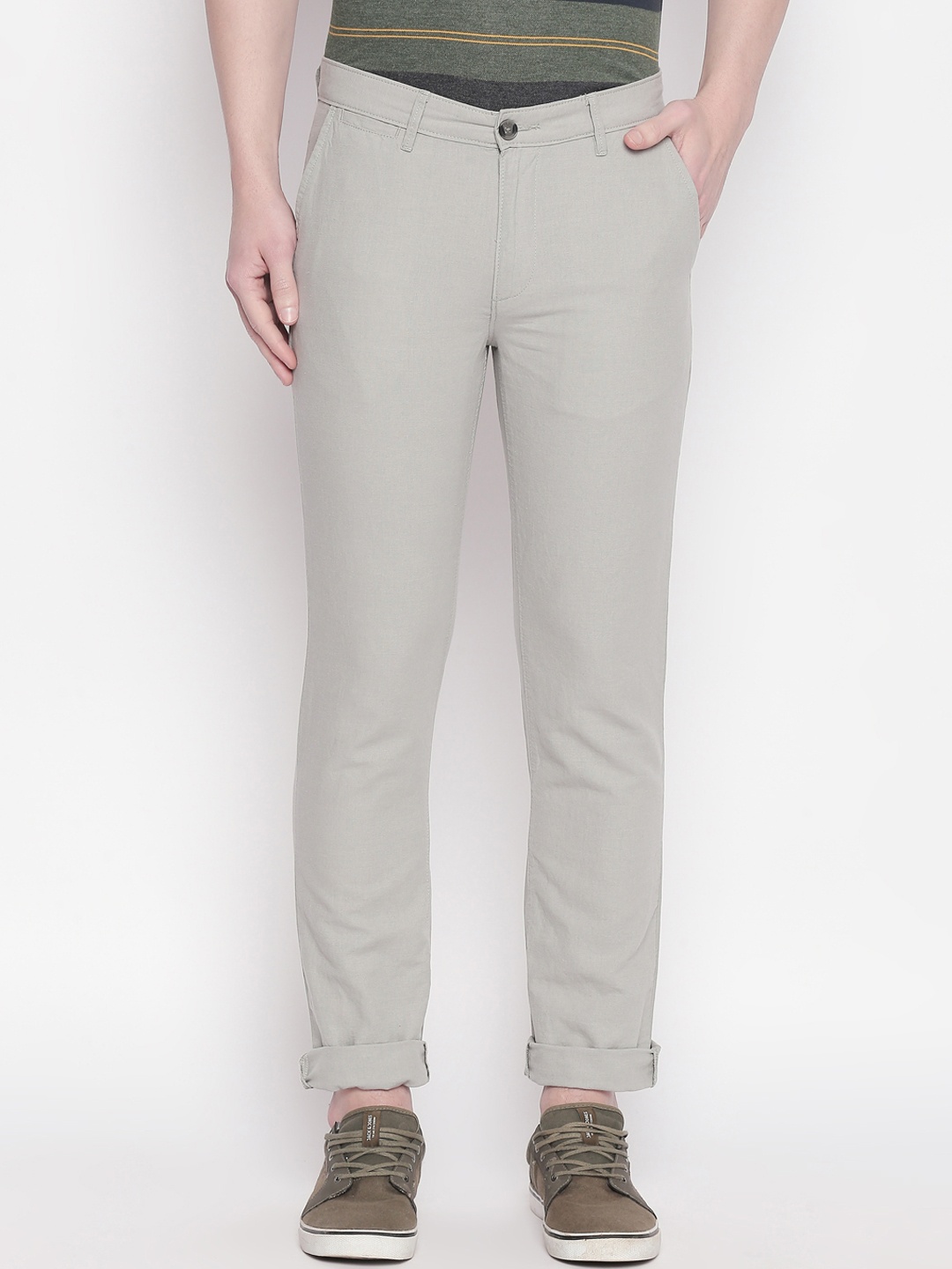 

BYFORD by Pantaloons Men Grey Slim Fit Cotton Linen Solid Chinos