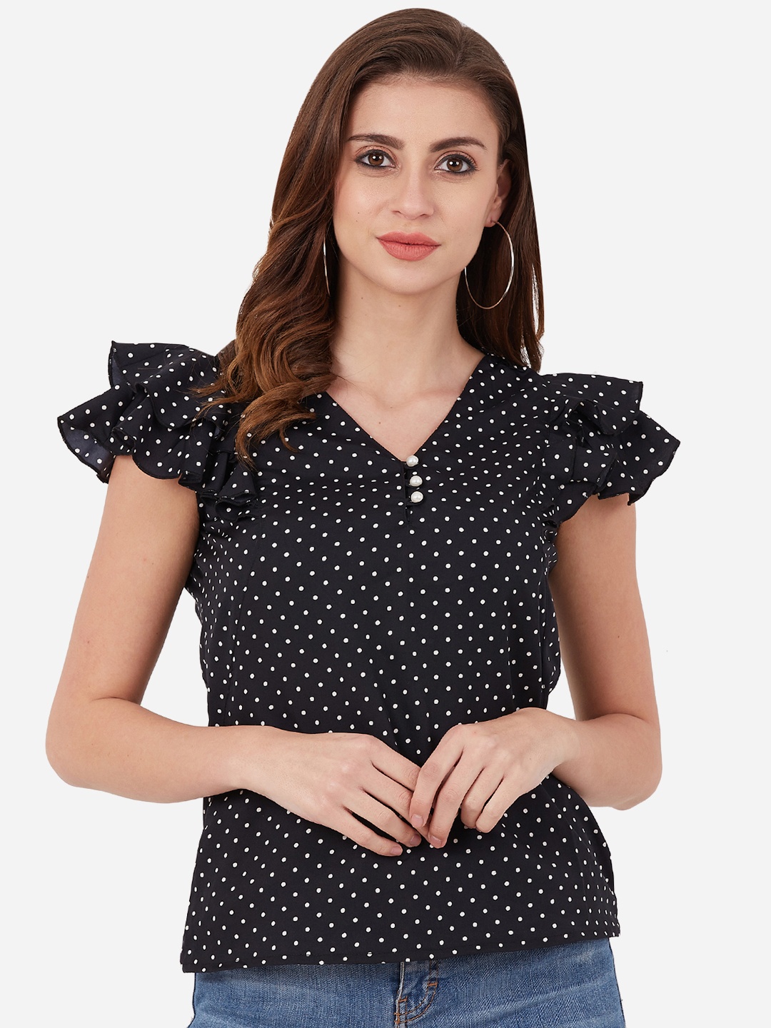 

Indietoga Women Black Polka Dot Print Top