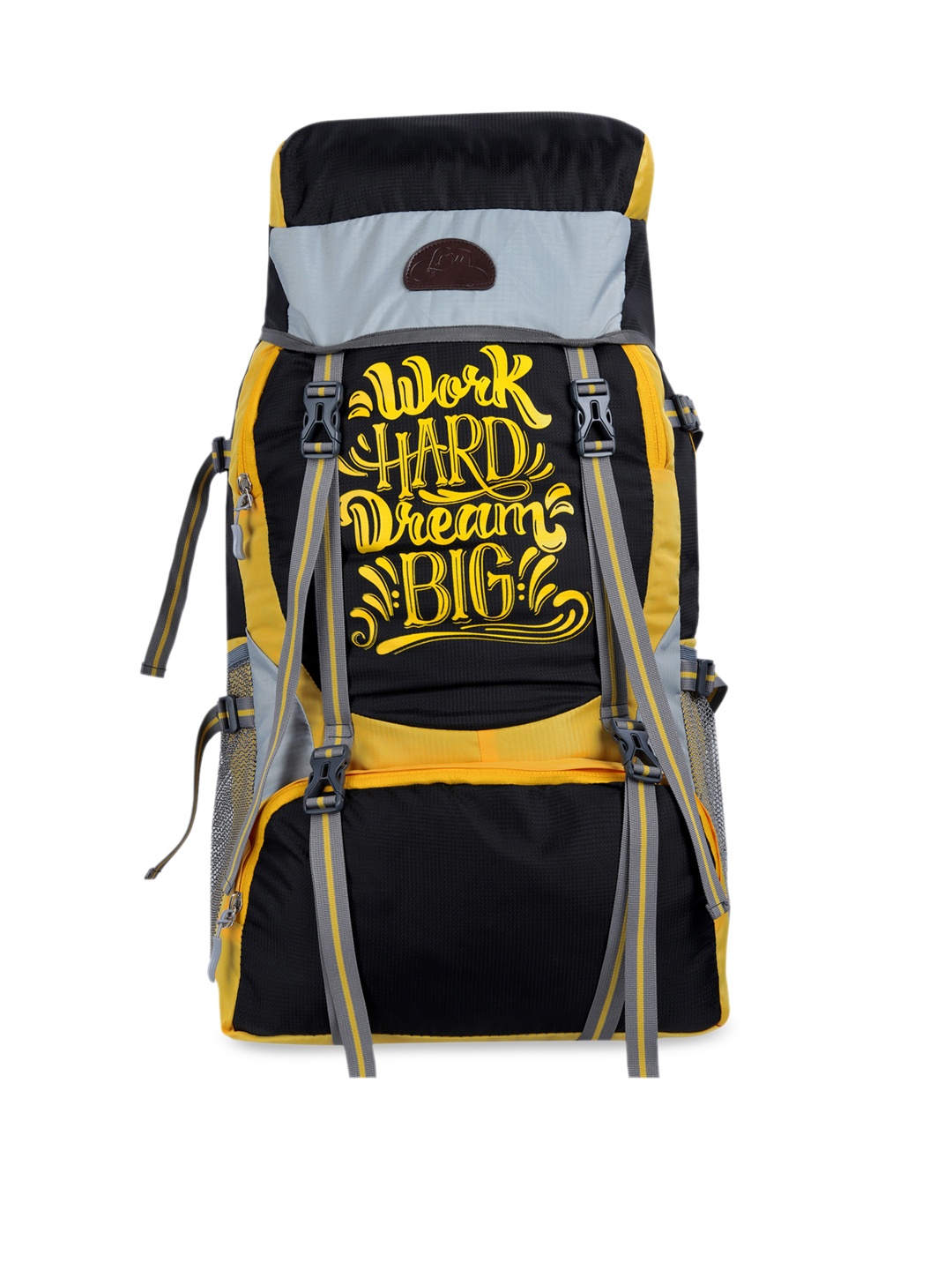 

Leather World Unisex Yellow & Black Typography 65 L Backpack