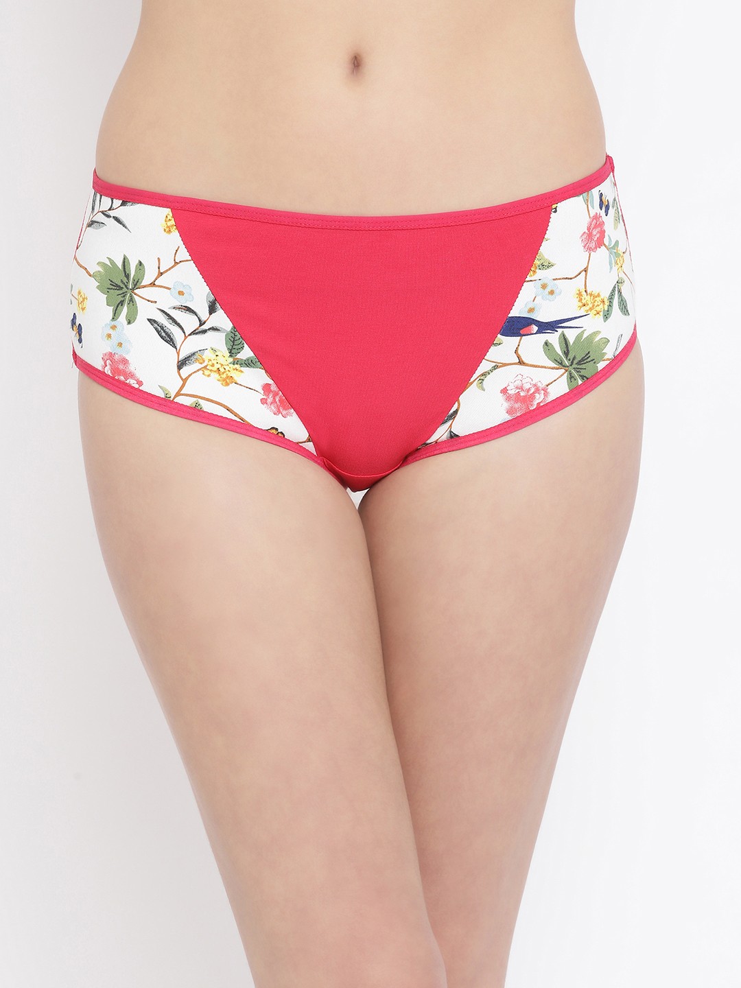

Clovia Women Pink Solid Mid-Rise Hipster Brief With Floral & Leaf Print Panels PN3427P14