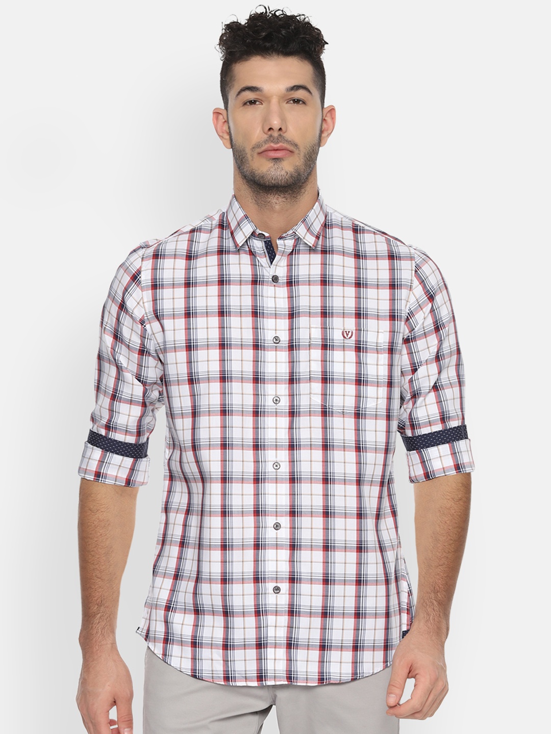 Van Heusen Sport Men White & Red Slim Fit Checked Casual Shirt