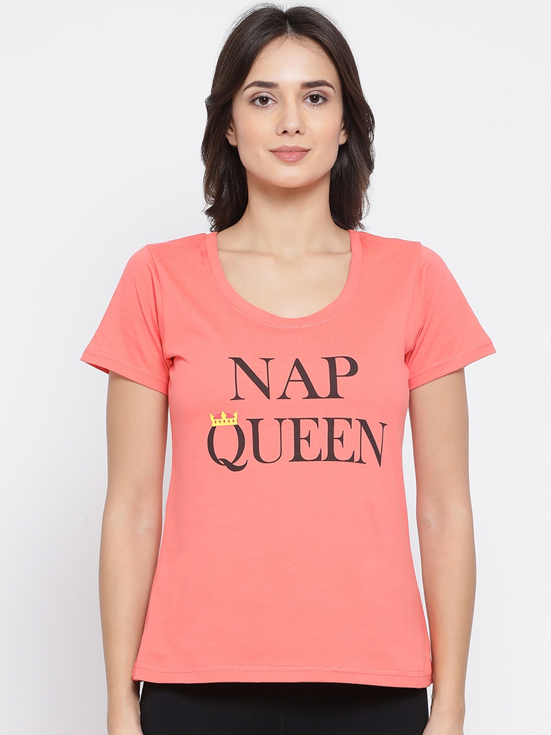 Clovia Women Coral Pink Printed Lounge T-shirt