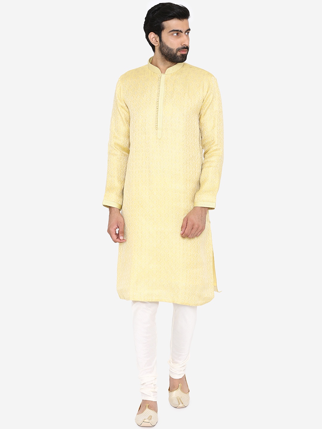 

Manyavar Men Yellow Printed Kurta with Churidar
