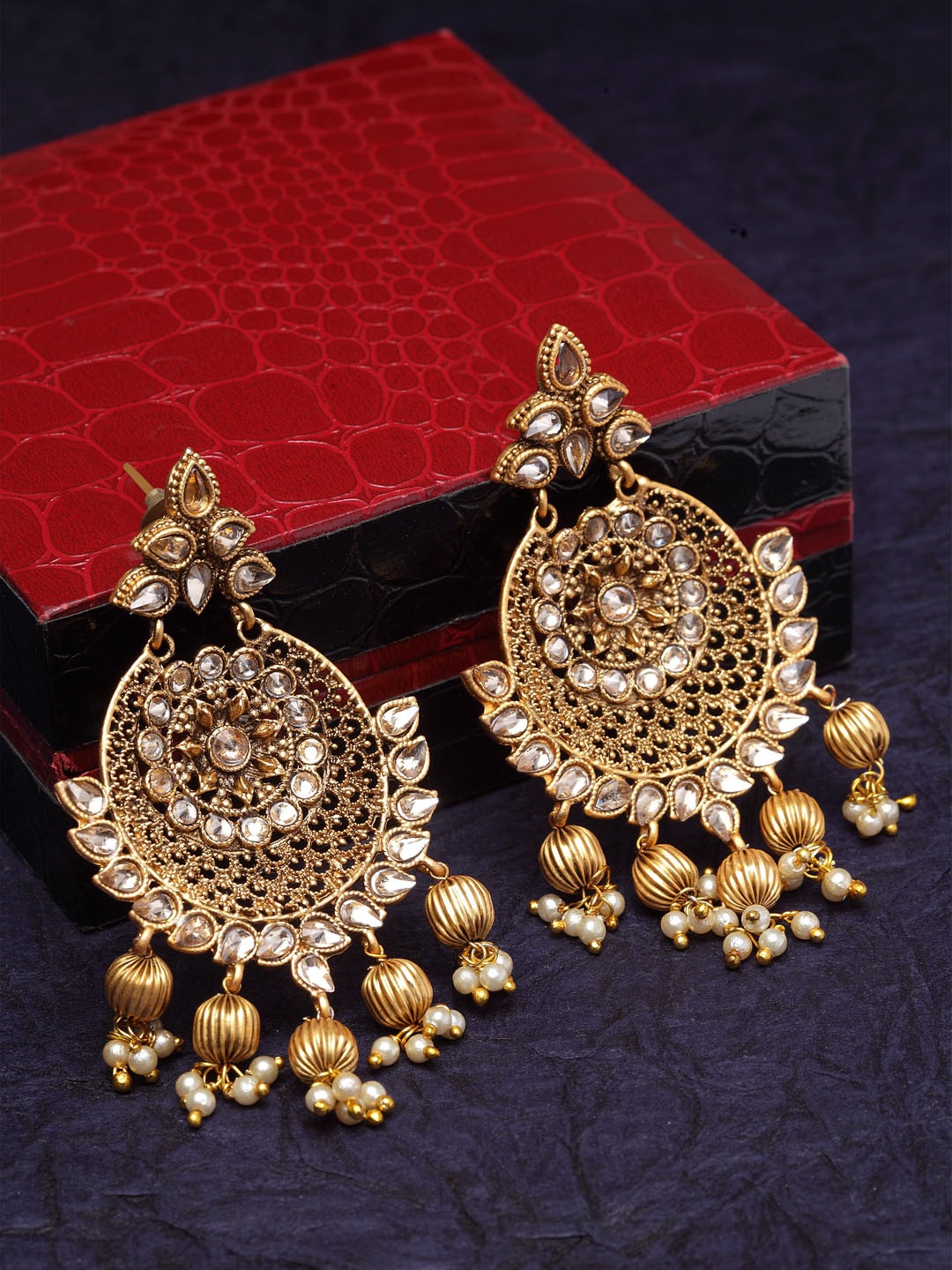 

PANASH Gold-Plated & White Stone Studded Classic Antique Drop Earrings
