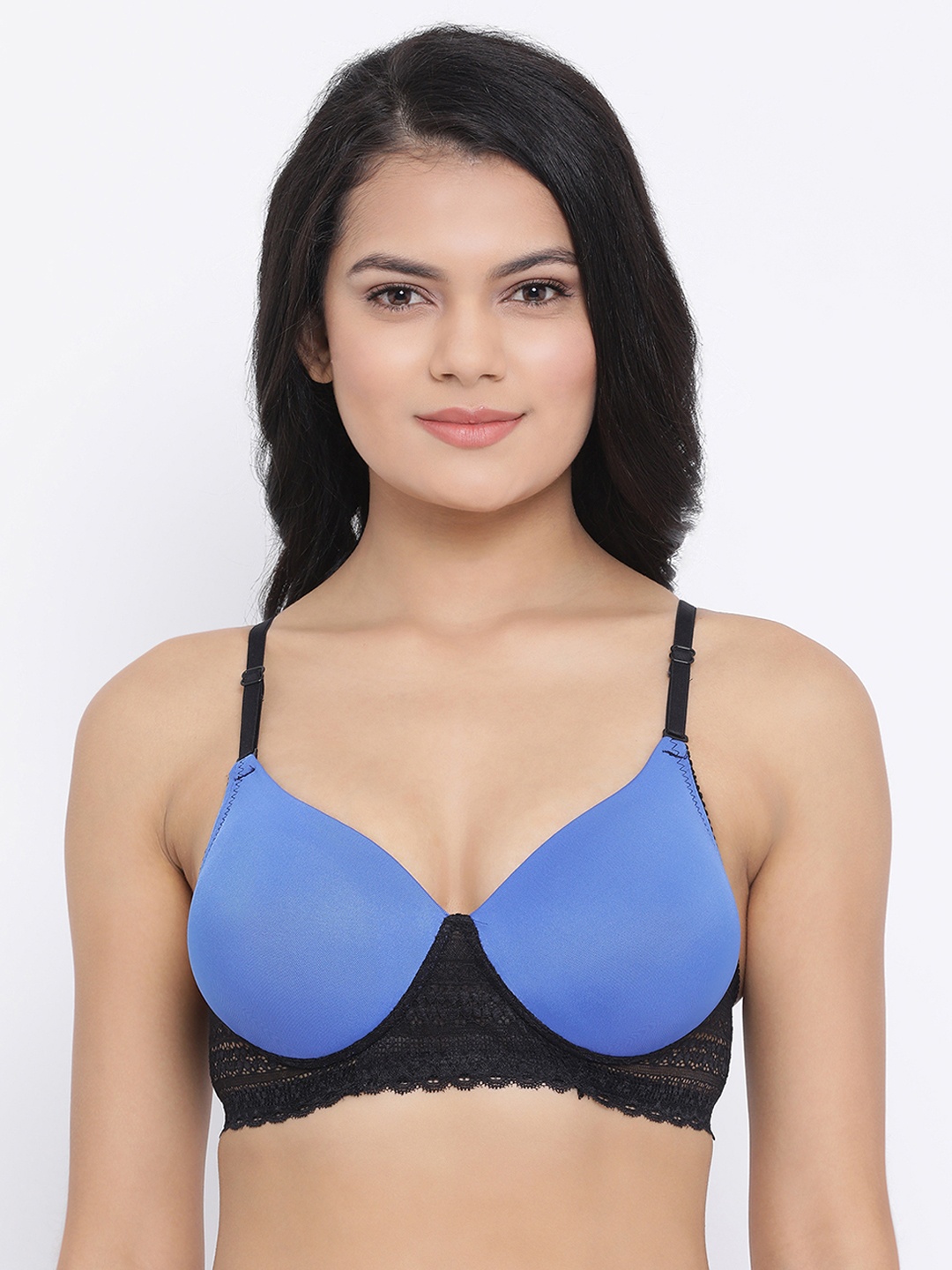 

Clovia Blue & Black Lace Padded Non-Wired T-Shirt Bra BR2029P083