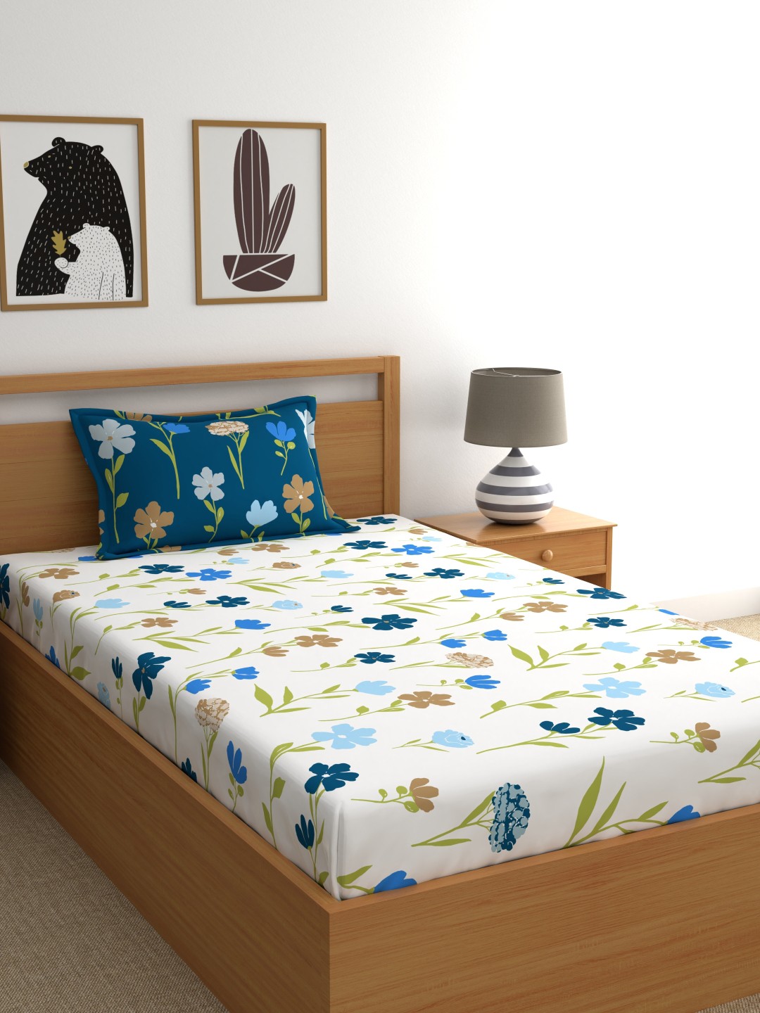 

Dreamscape Navy Blue White Floral 180 TC Cotton 1 Single Bedsheet with 1 Pillow Covers
