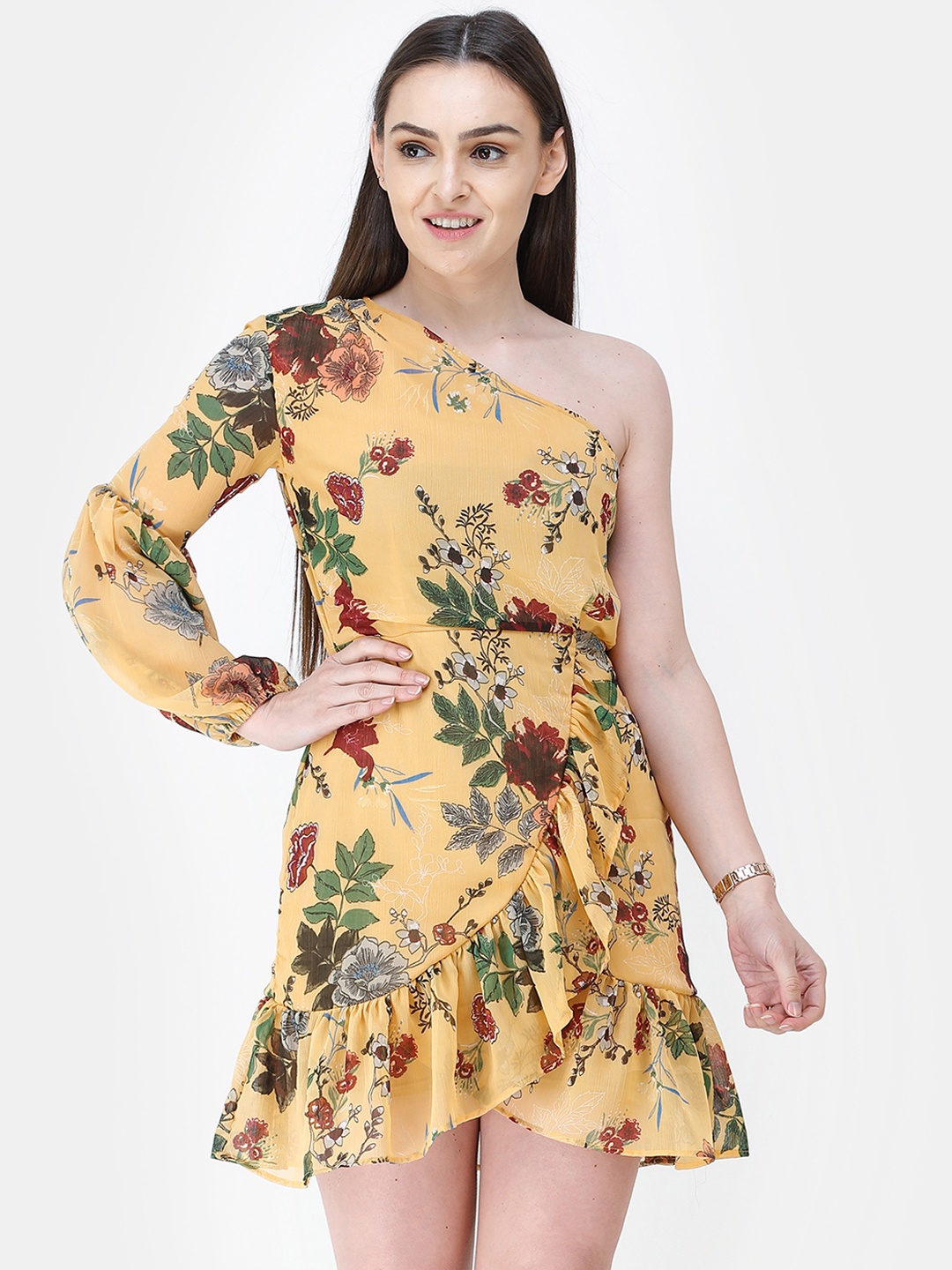 

Cation Women Yellow & Green Printed A-Line Dress