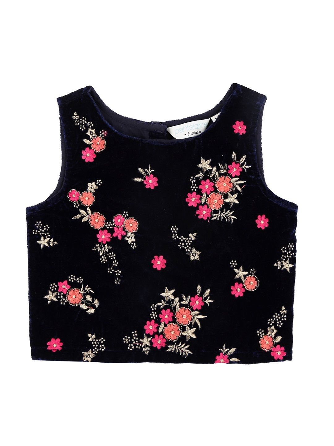 

AKKRITI BY PANTALOONS Girls Navy Blue & Pink Embroidered Top