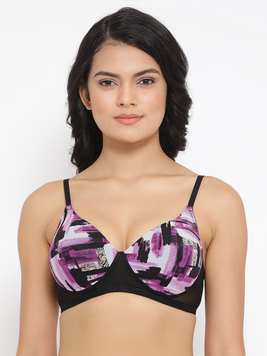 

Clovia Black & Purple Printed Non-Wired Lightly Padded T-shirt Bra BR1866L1332B