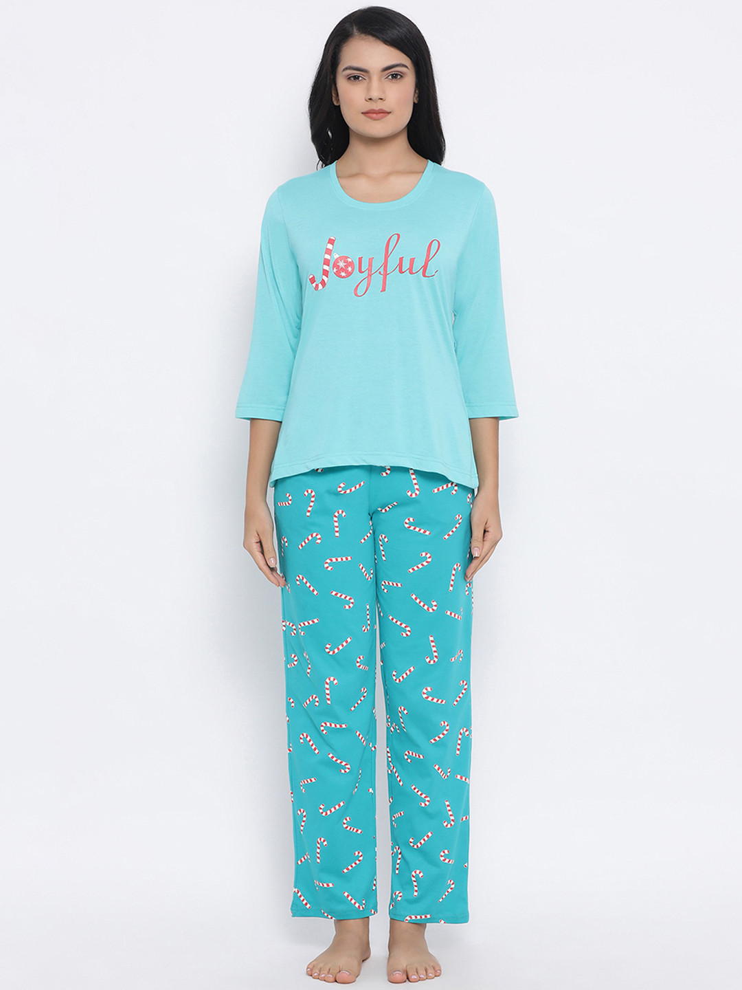 

Clovia Women Green & Pink Printed Night Suit COMLS0090S