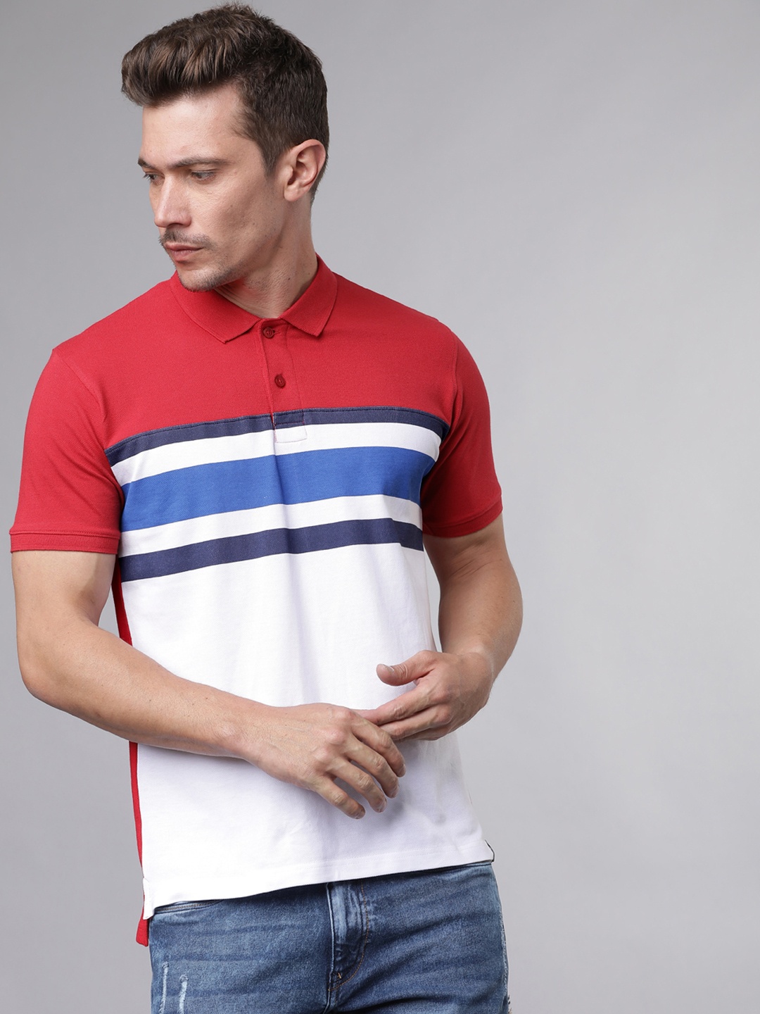 

LOCOMOTIVE Men Red Colourblocked Polo Collar Slim Fit T-shirt