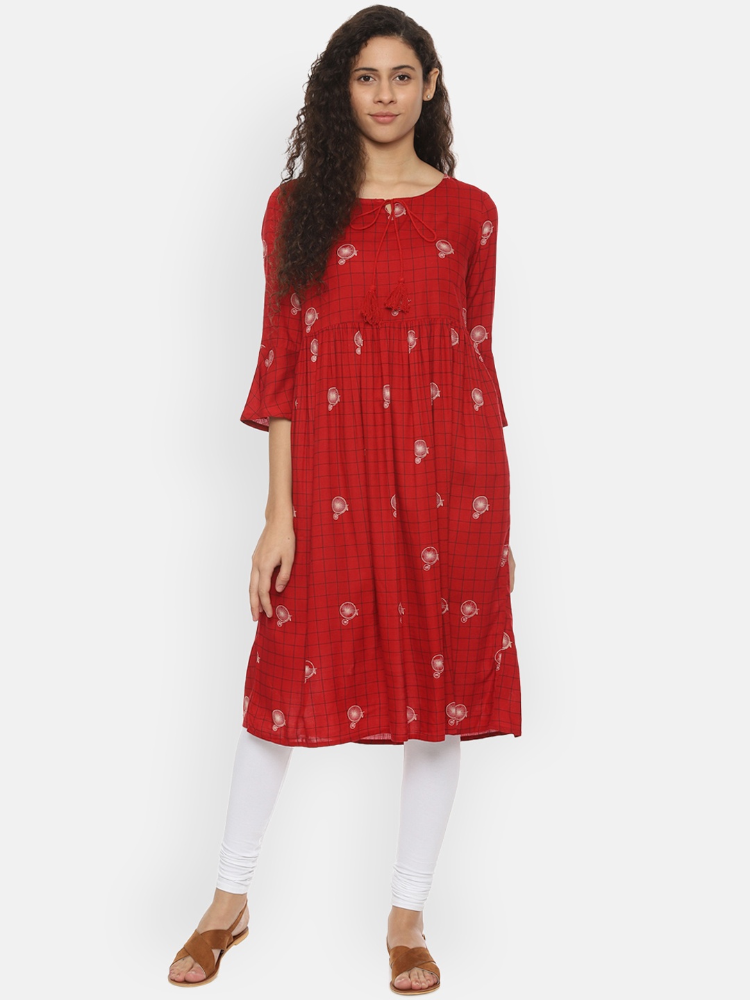

People Women Red Checked Straight Kurta