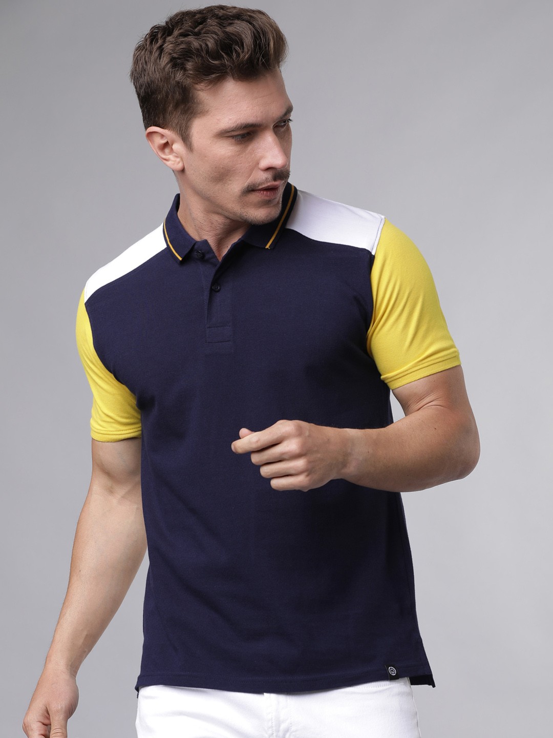 

LOCOMOTIVE Men Navy Blue & Yelllow Colourblocked Polo Collar Slim Fit T-shirt