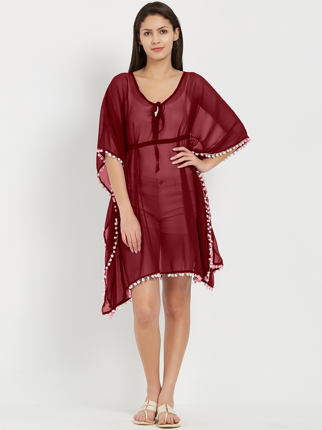 

MIRCHI FASHION Women Maroon Solid Swimwear Kaftan Cover Up Dress
