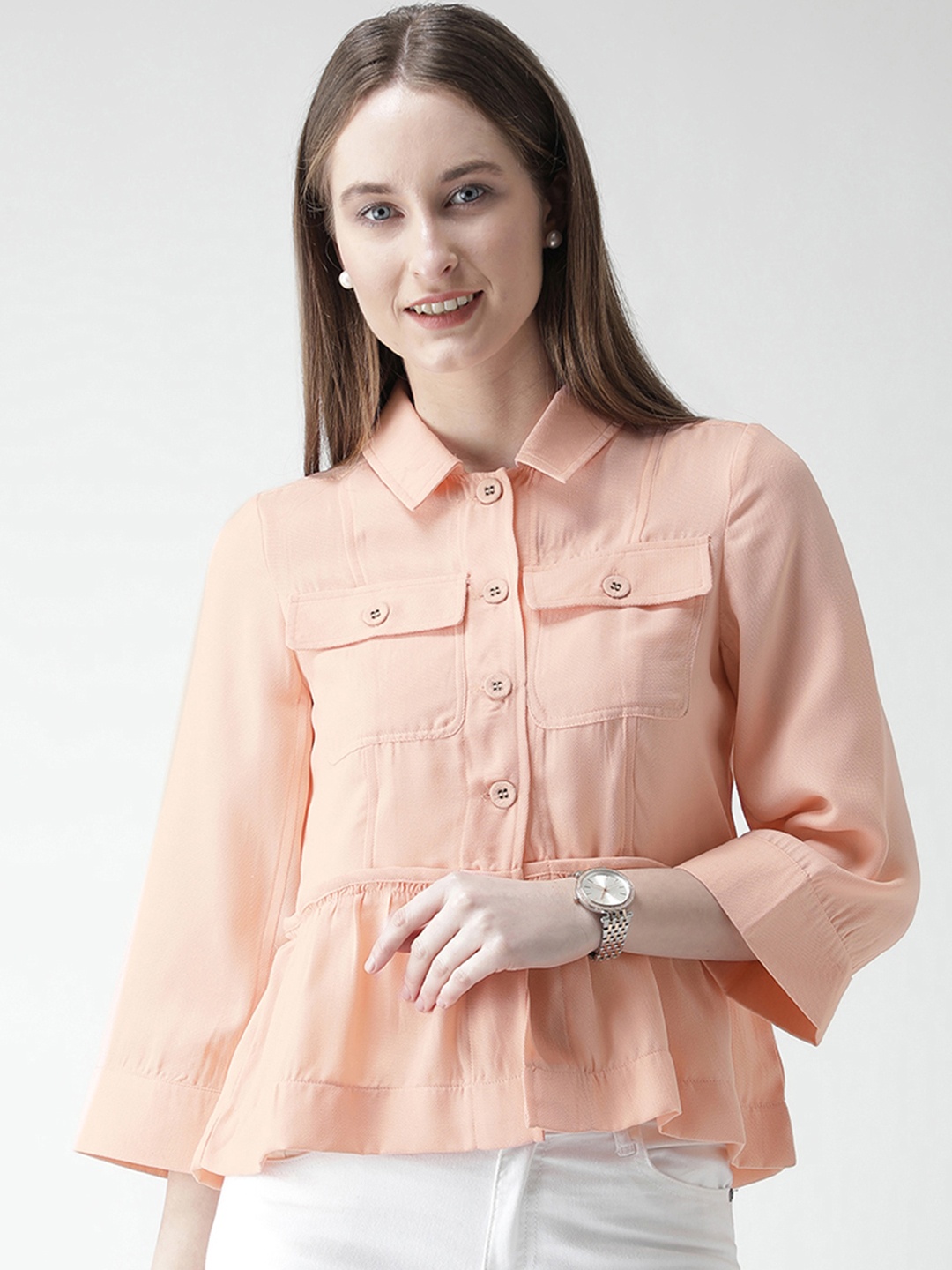 

KASSUALLY Women Peach-Coloured Comfort Boxy Solid Casual Shirt