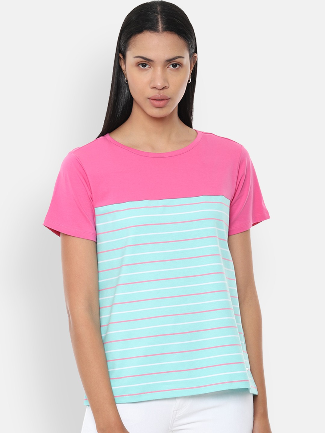

Van Heusen Woman Blue & Pink Striped Round Neck T-shirt