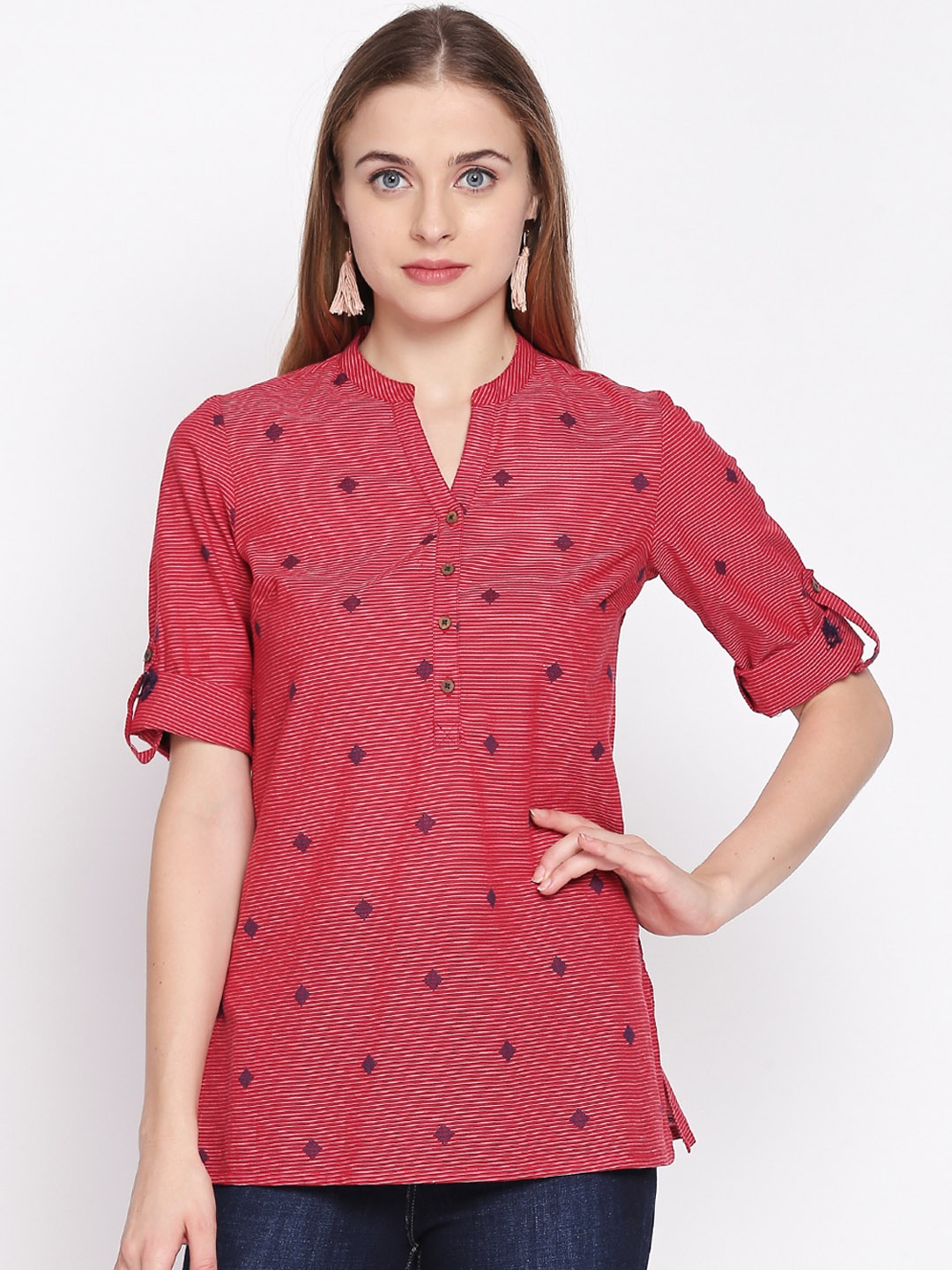 AKKRITI BY PANTALOONS Women Red & Off-White Self Design Tunic