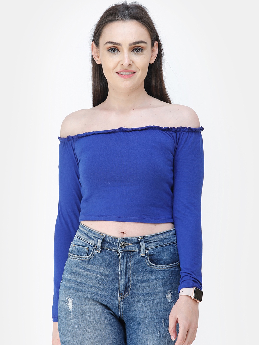 

Cation Women Blue Solid Bardot Pure Cotton Top
