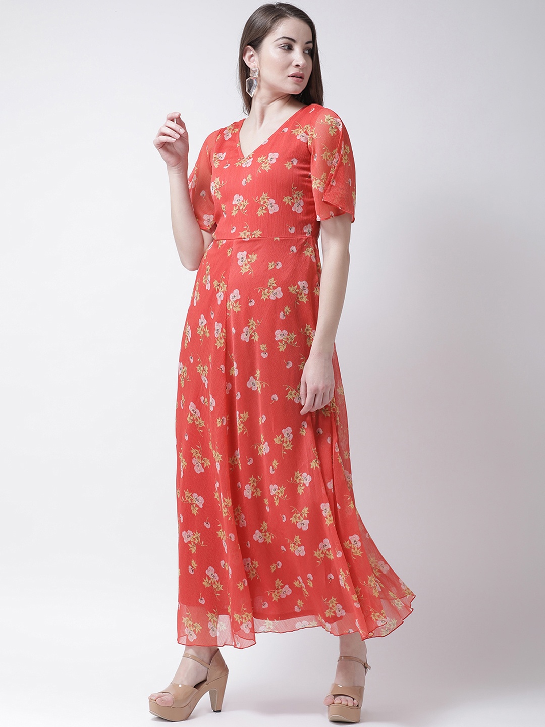 

The Vanca Women Coral Red Printed Maxi Dress