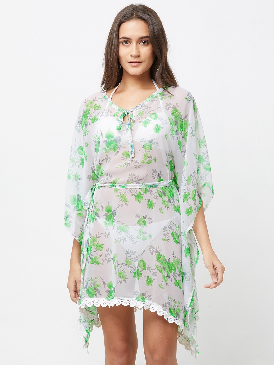 

MIRCHI FASHION Women White & Green Printed Swimwear Kaftan Cover-Up Dress