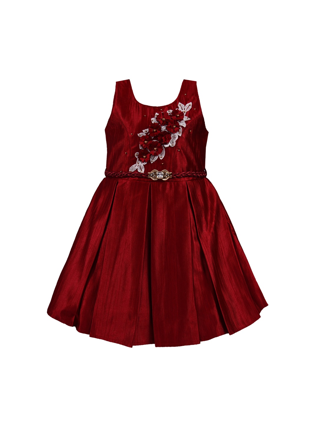

Wish Karo Girls Maroon Embellished Silk Fit and Flare Dress