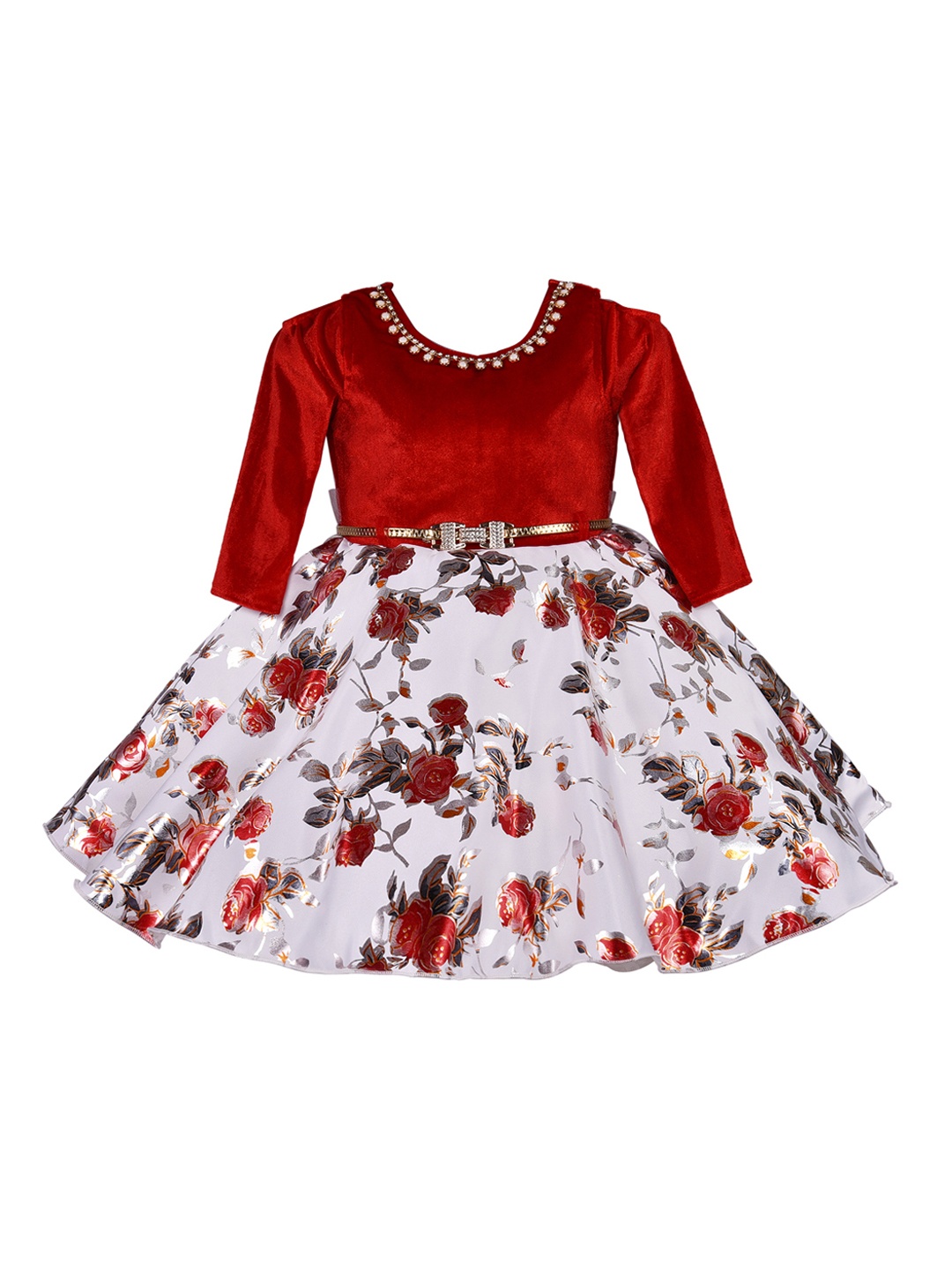 Wish Karo Girls Red & White Printed Fit and Flare Dress