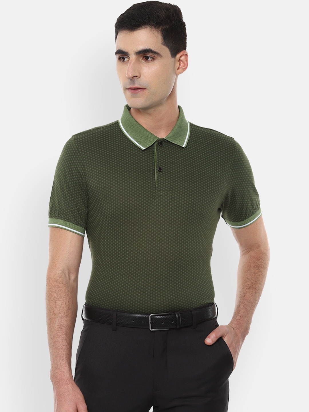 

Van Heusen Men Olive Green Printed Polo Collar Pure Cotton T-shirt