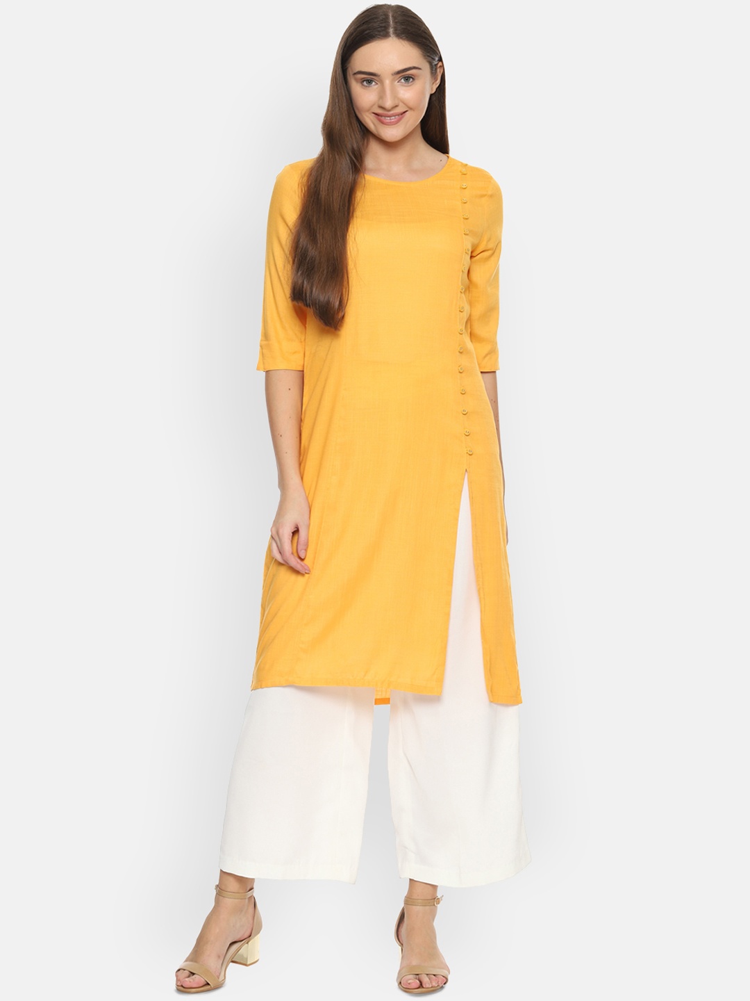 

People Women Yellow Solid Straight Kurta