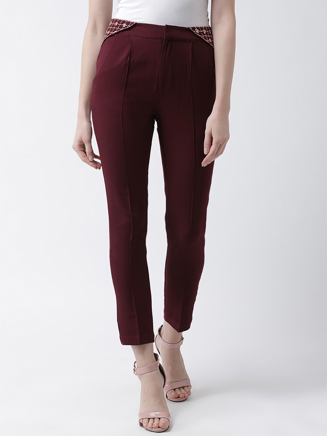 KASSUALLY Women Burgundy Regular Fit Embellished Regular Trousers