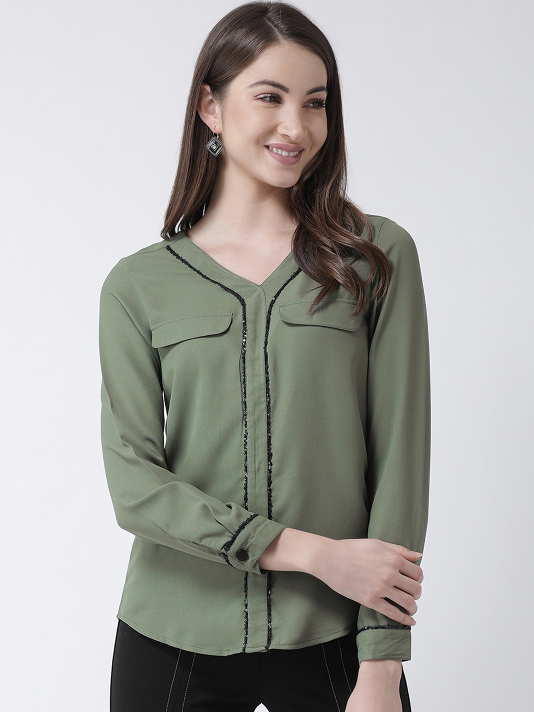 

KASSUALLY Women Olive Green Regular Fit Solid Casual Shirt
