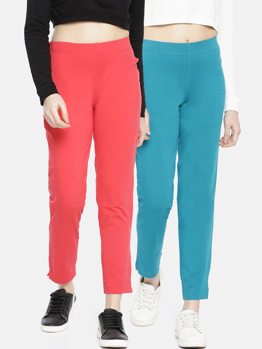 Dollar Missy Women Pack of 2 Smart Straight Fit Solid Regular Trousers, Coral