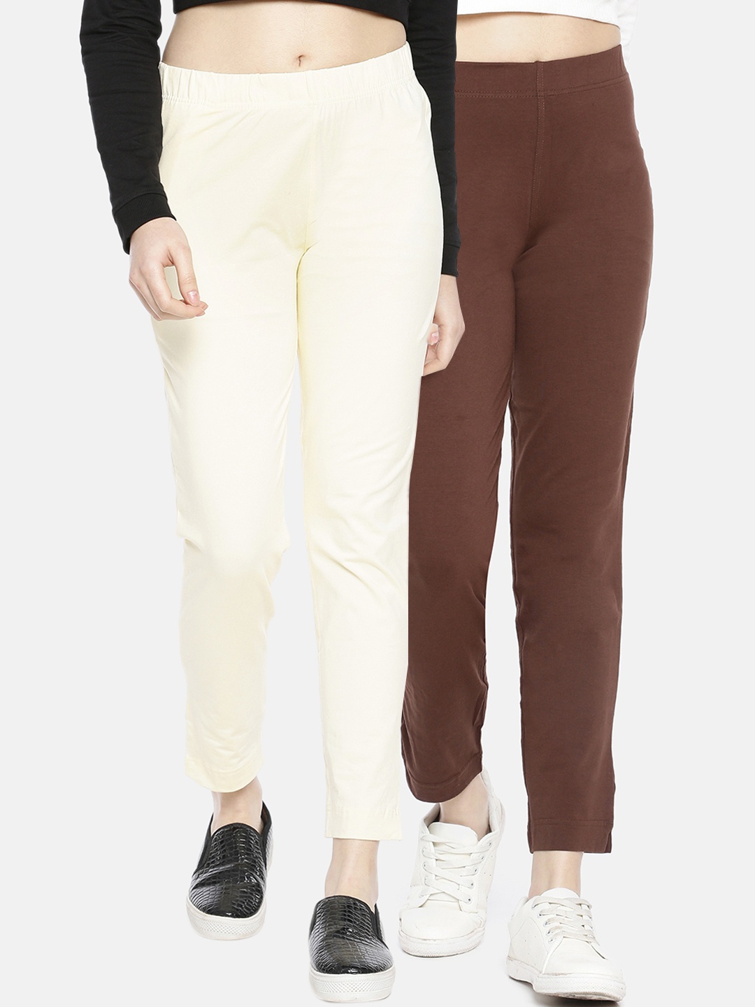 Dollar Missy Women Pack of 2 Trousers Smart Straight Fit Solid Regular Trousers, Brown