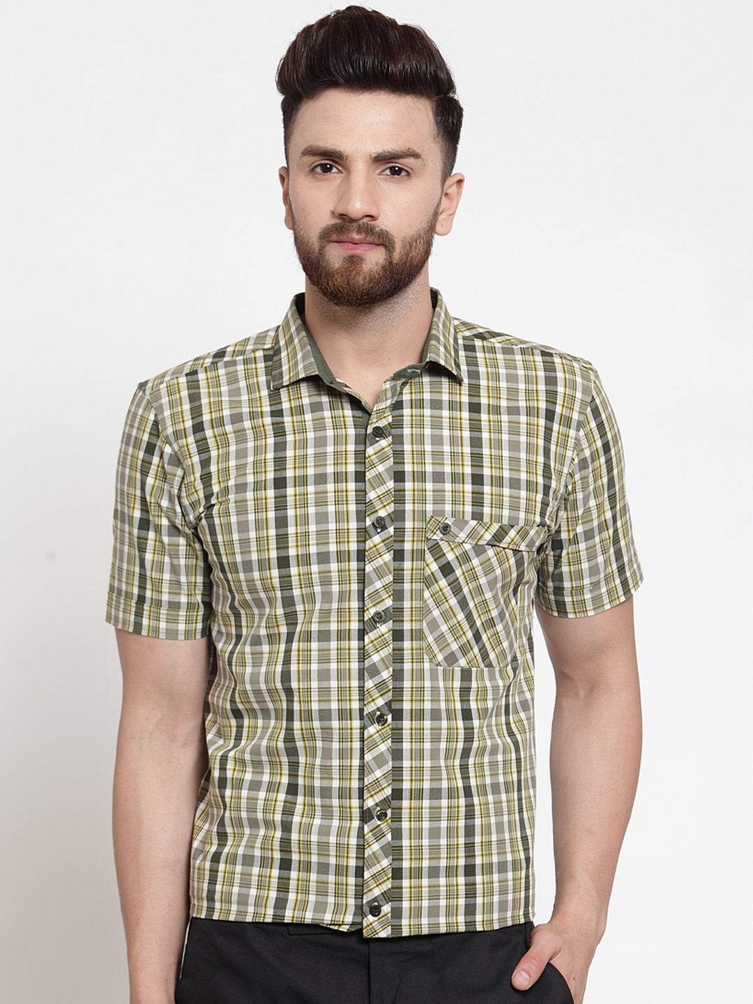 

Purple State Men Green & Beige Slim Fit Checked Formal Shirt