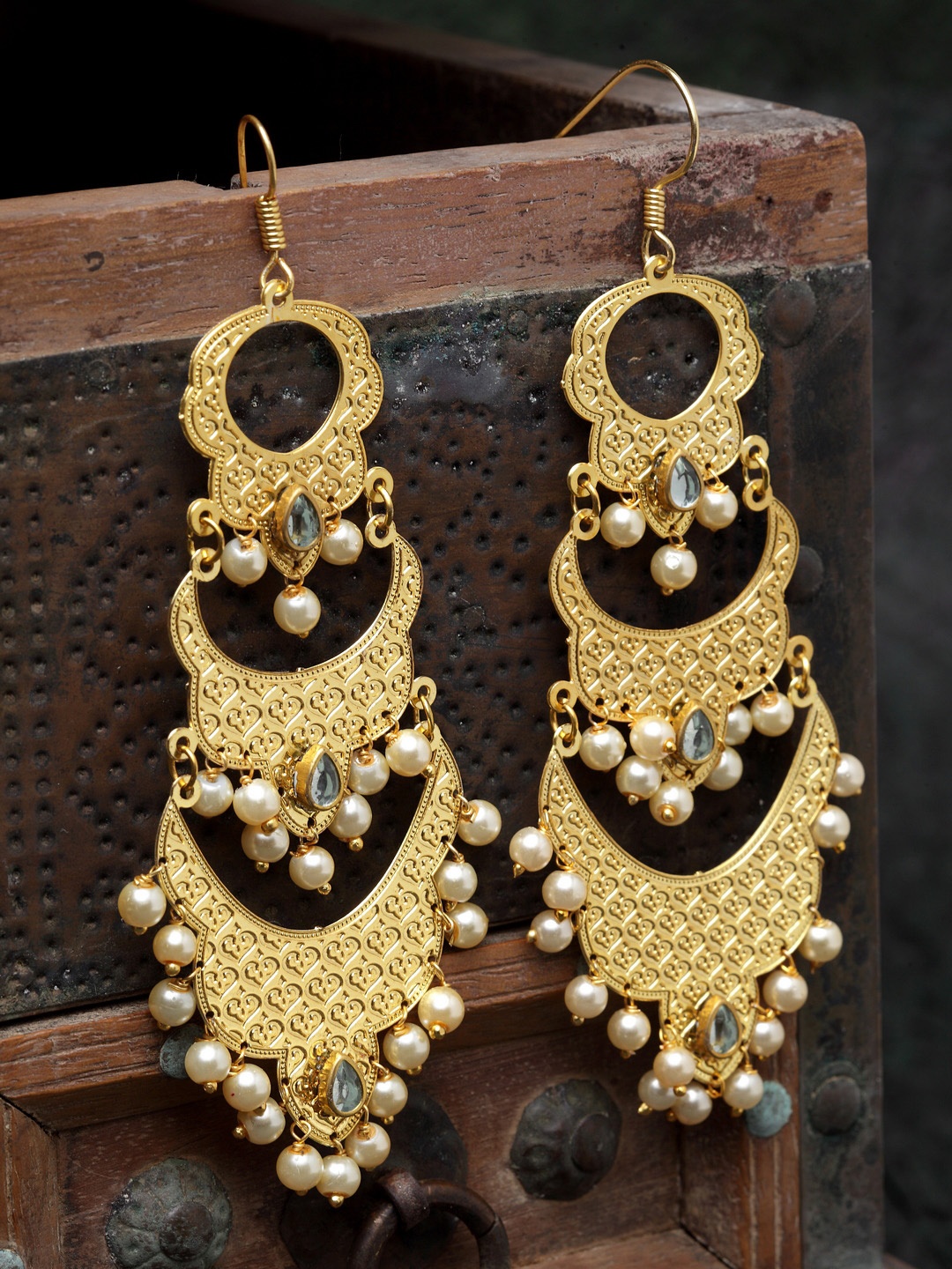 

PANASH Copper-Plated & White Classic Handcrafted Pearl Studded Drop Earrings, Gold