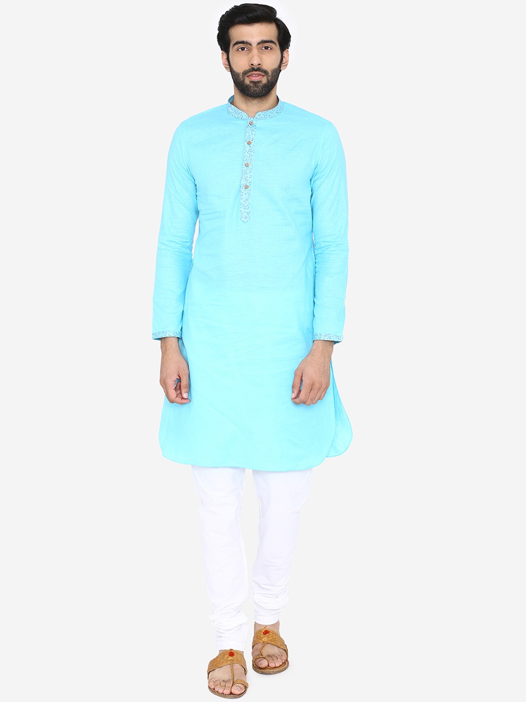 

Manyavar Men Turquoise Blue Solid Straight Kurta