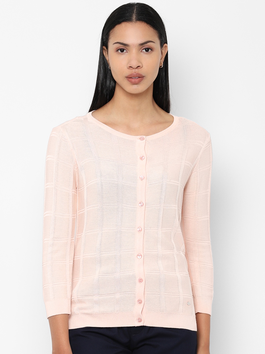 

Allen Solly Woman Women Peach-Coloured Checked Front-Open Sweater